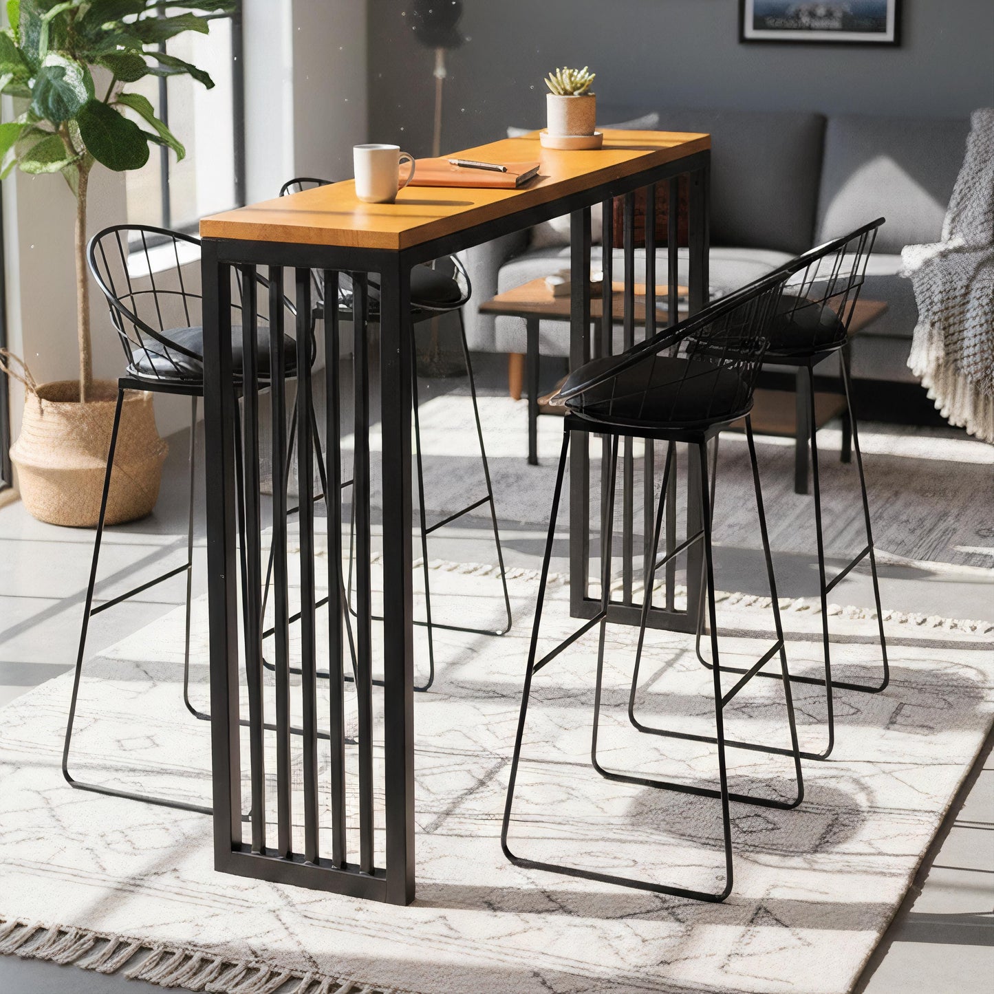 Narrow bar table used as modern kitchen breakfast bar with stools