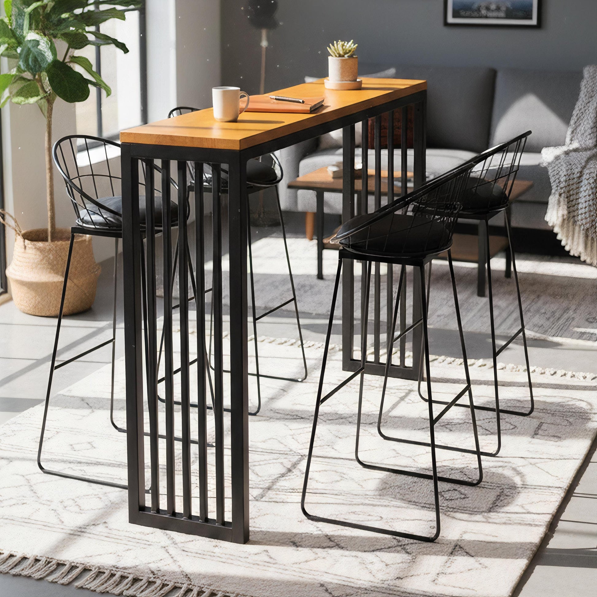 Narrow bar table used as modern kitchen breakfast bar with stools