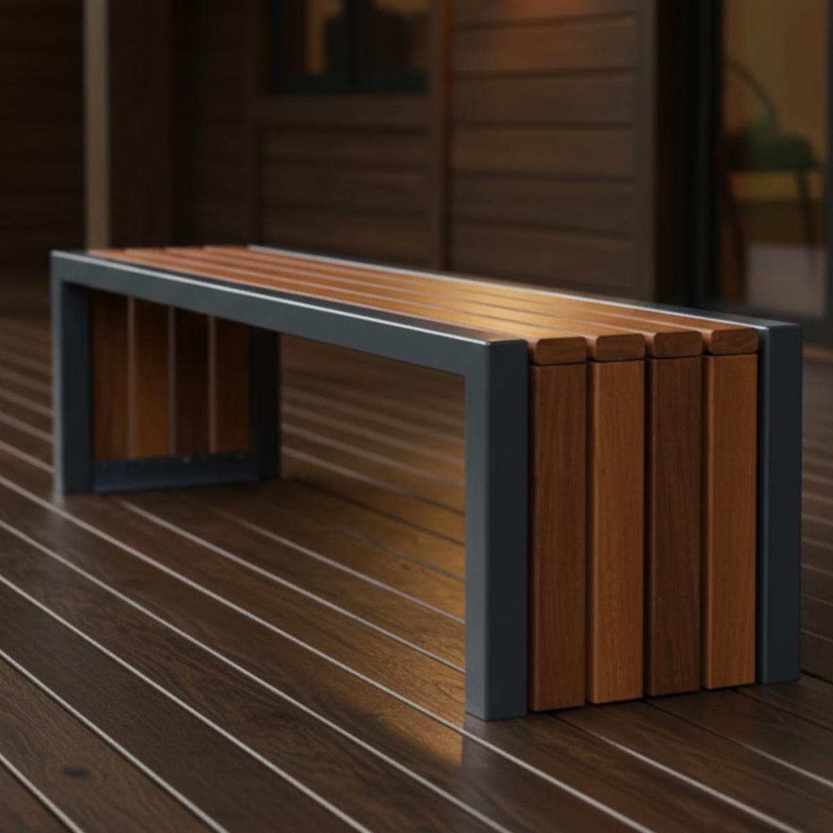 Outdoor bench with wood slats and metal frame used for modern garden seating