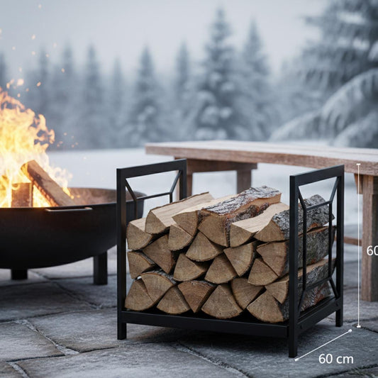 Outdoor firewood rack 60 cm black metal log holder for patio and backyard, modern firewood storage rack for firepit, freestanding steel log holder for indoor and outdoor use