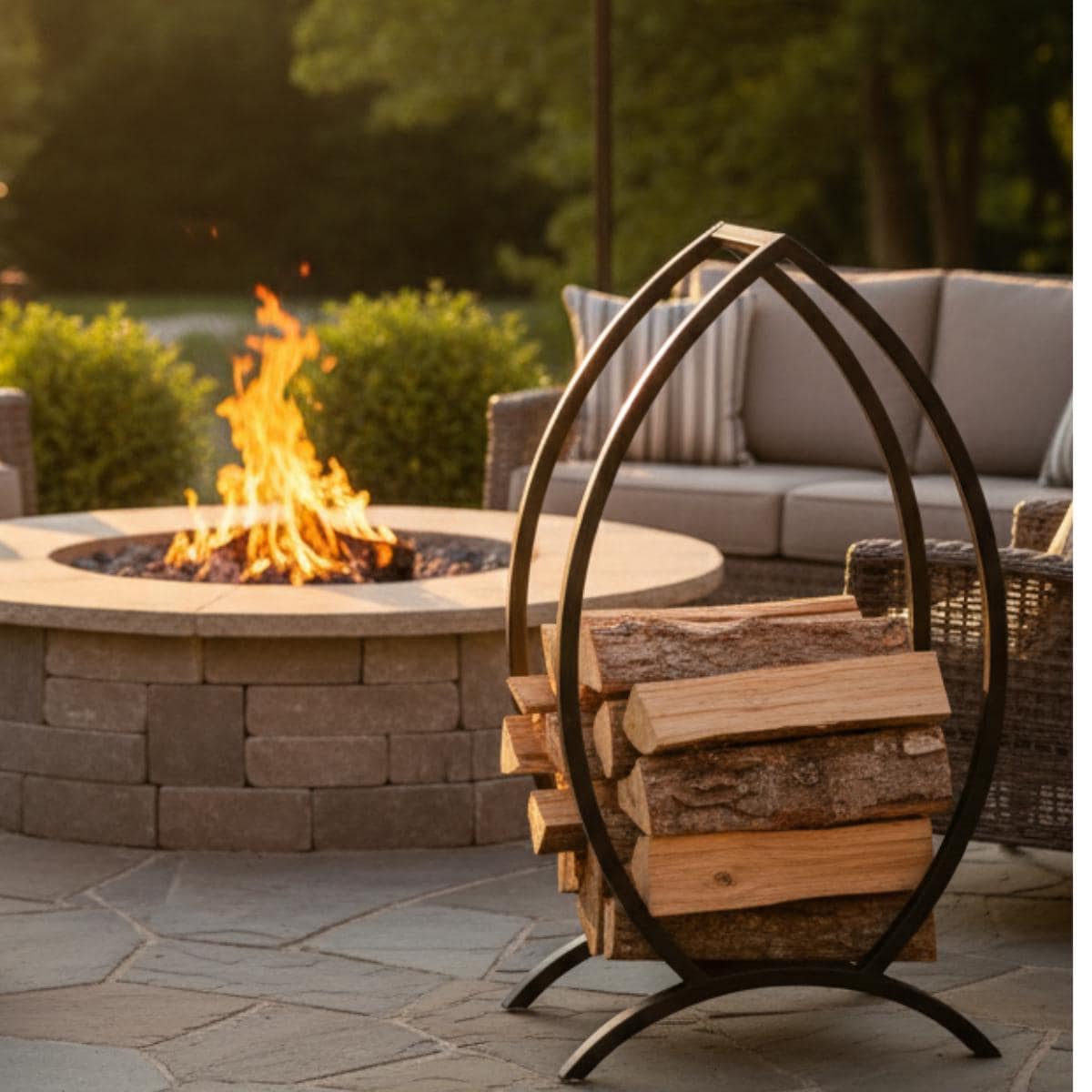 Outdoor firewood rack metal frame placed near fire pit with stacked logs in backyard setting