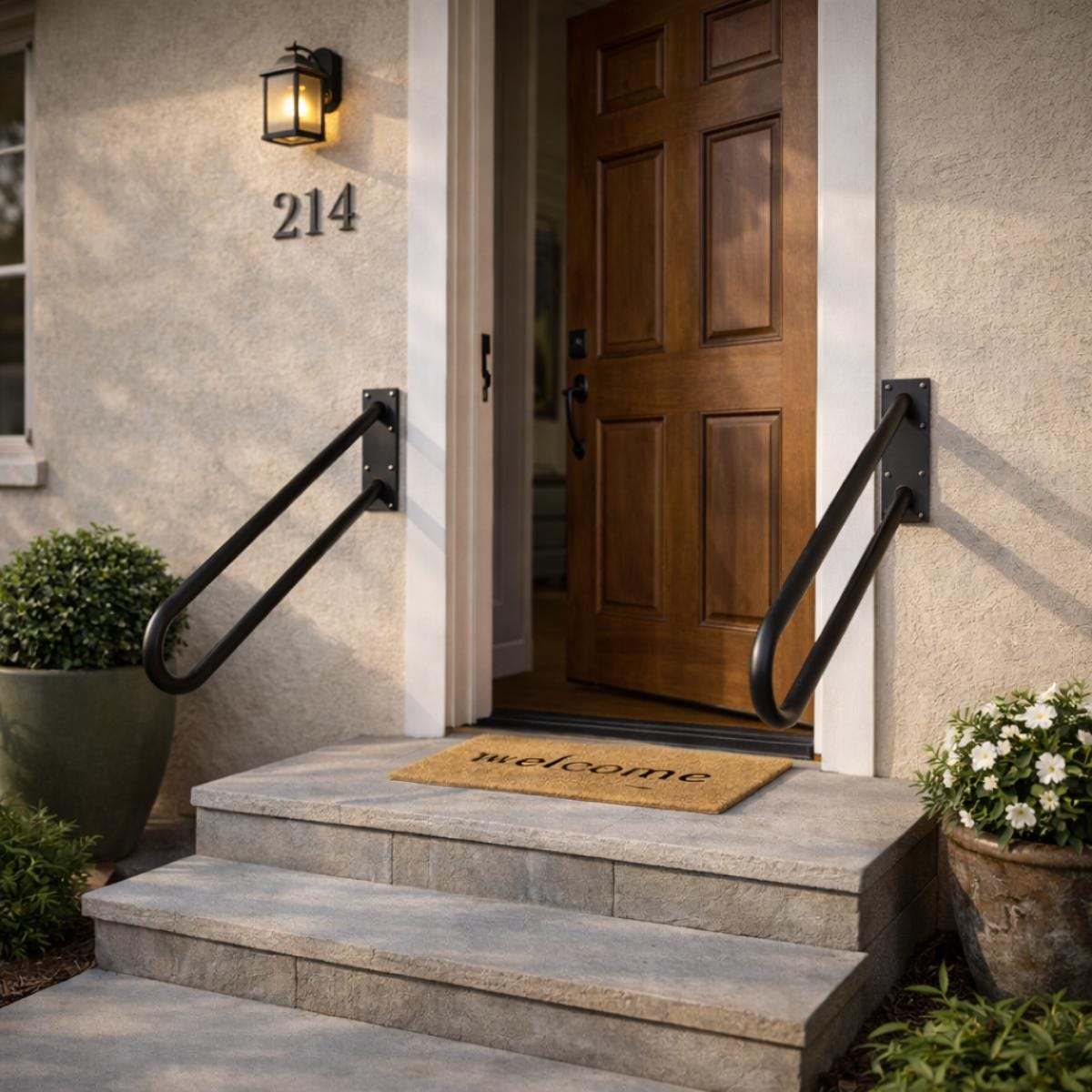 Outdoor handrail pair black metal stair support rails