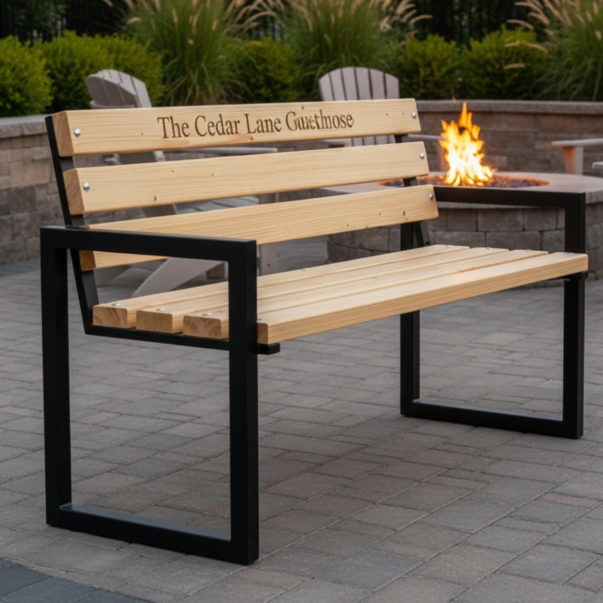 Outdoor memorial bench engraved wood and metal design for park or garden seating