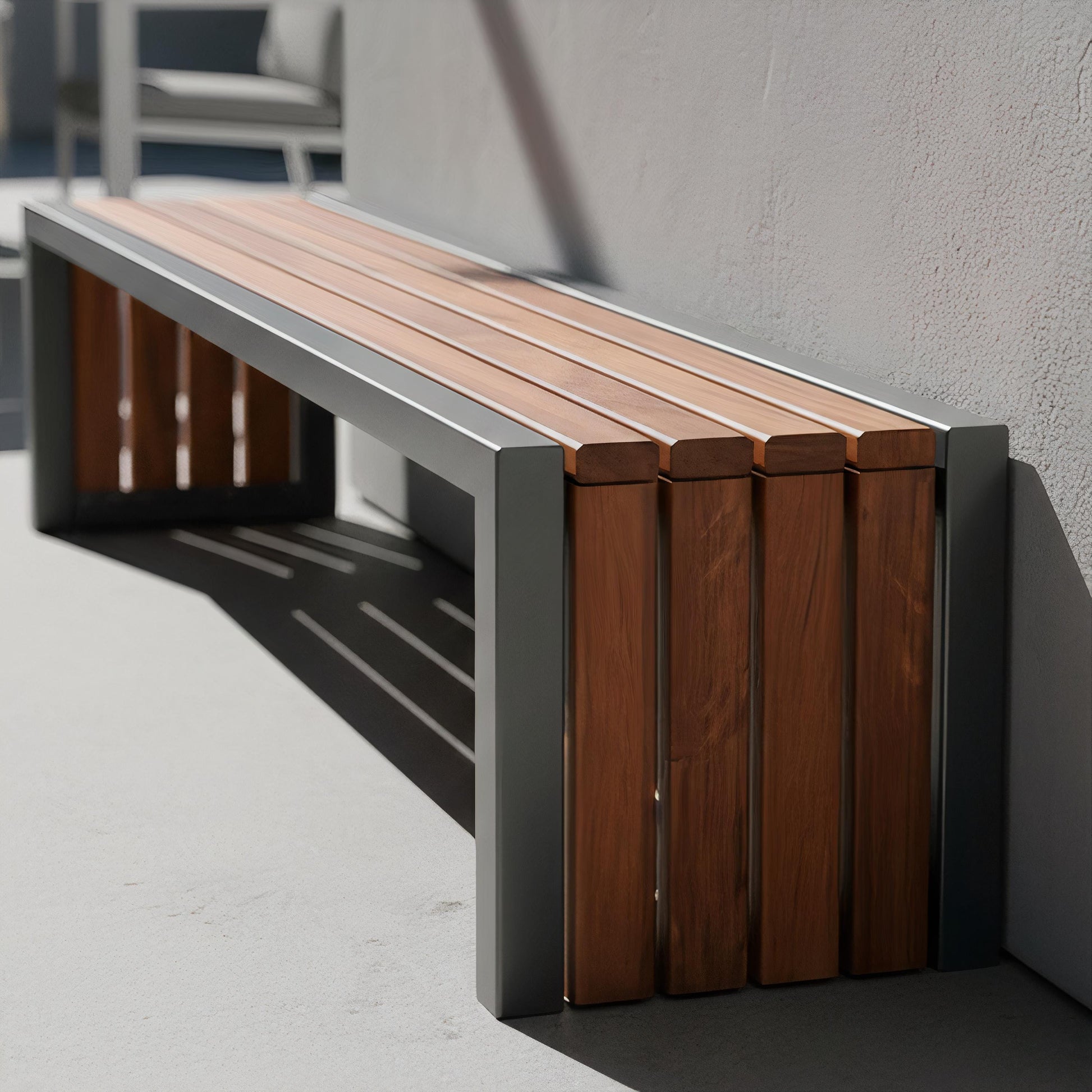 Outdoor seating bench with wood slats and metal frame on deck surface