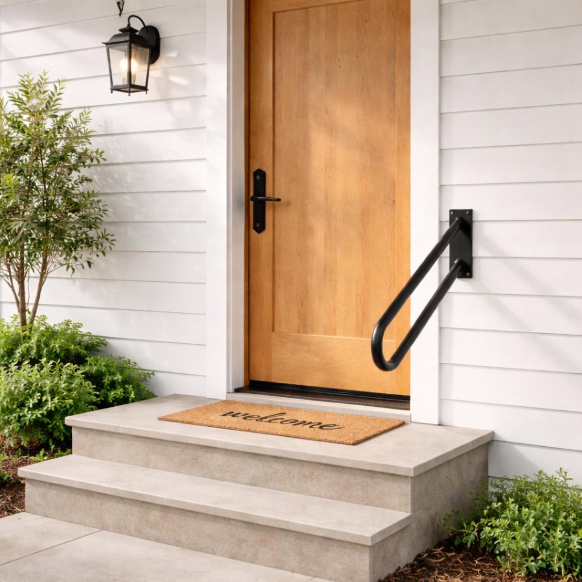 Outdoor stair handrails black metal pair for entry steps