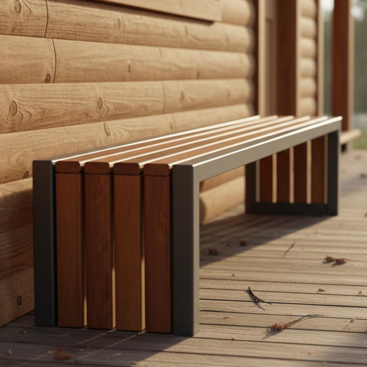 Patio bench with wood slats and metal frame in clean modern design