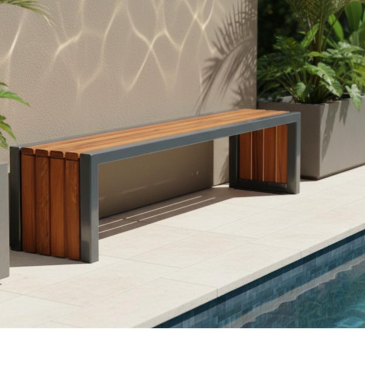 Patio seating bench featuring modern wood slats and strong metal frame