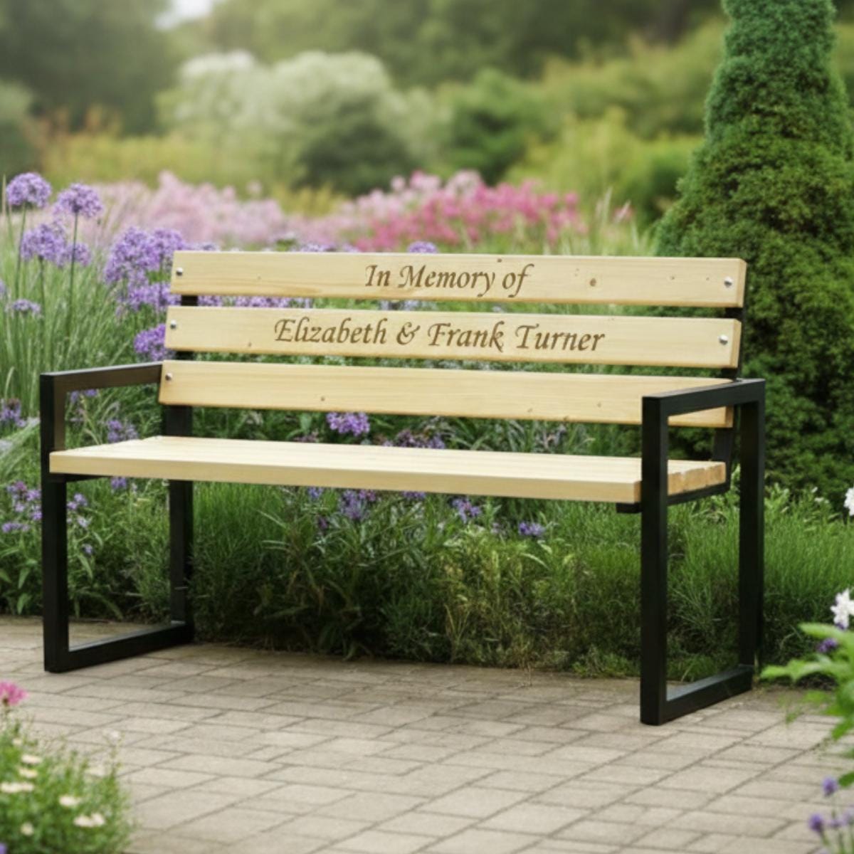 Personalized outdoor bench engraved wood slats with durable metal frame