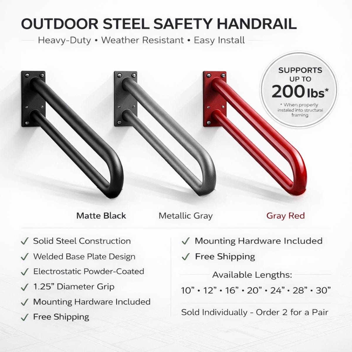 Porch handrails black metal set for outdoor entry stairs