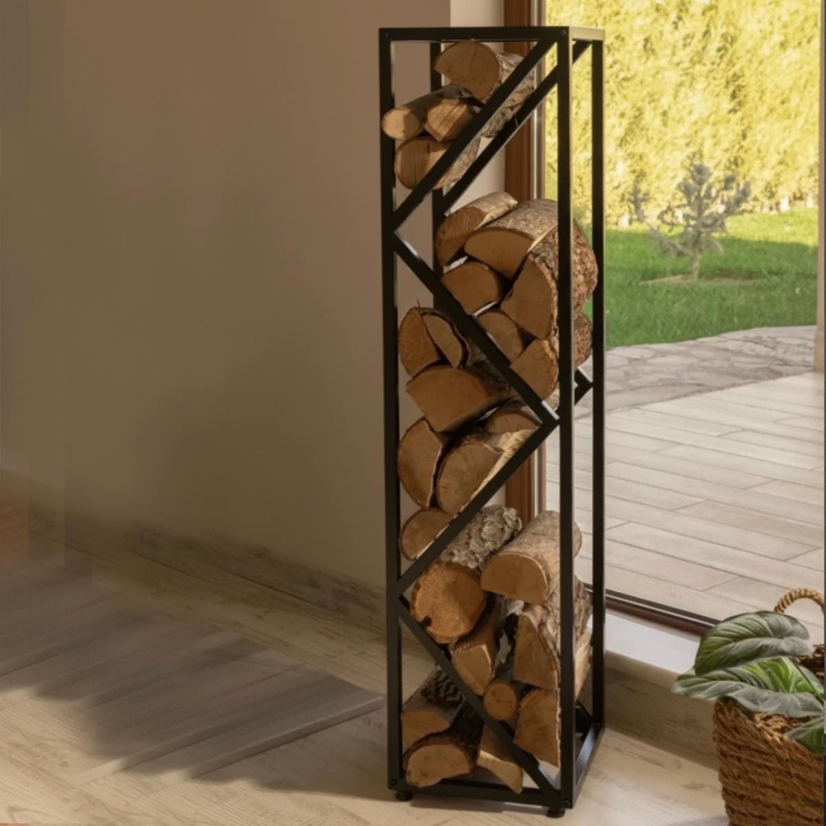 Firewood storage rack with stacked logs indoors, near a window with outdoor view.