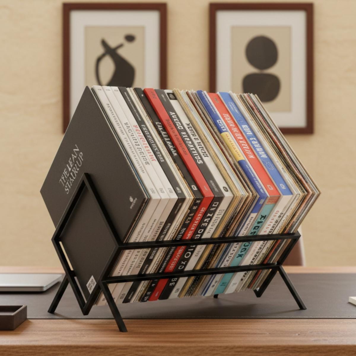 Record storage holder metal LP rack placed in living room with clean setup