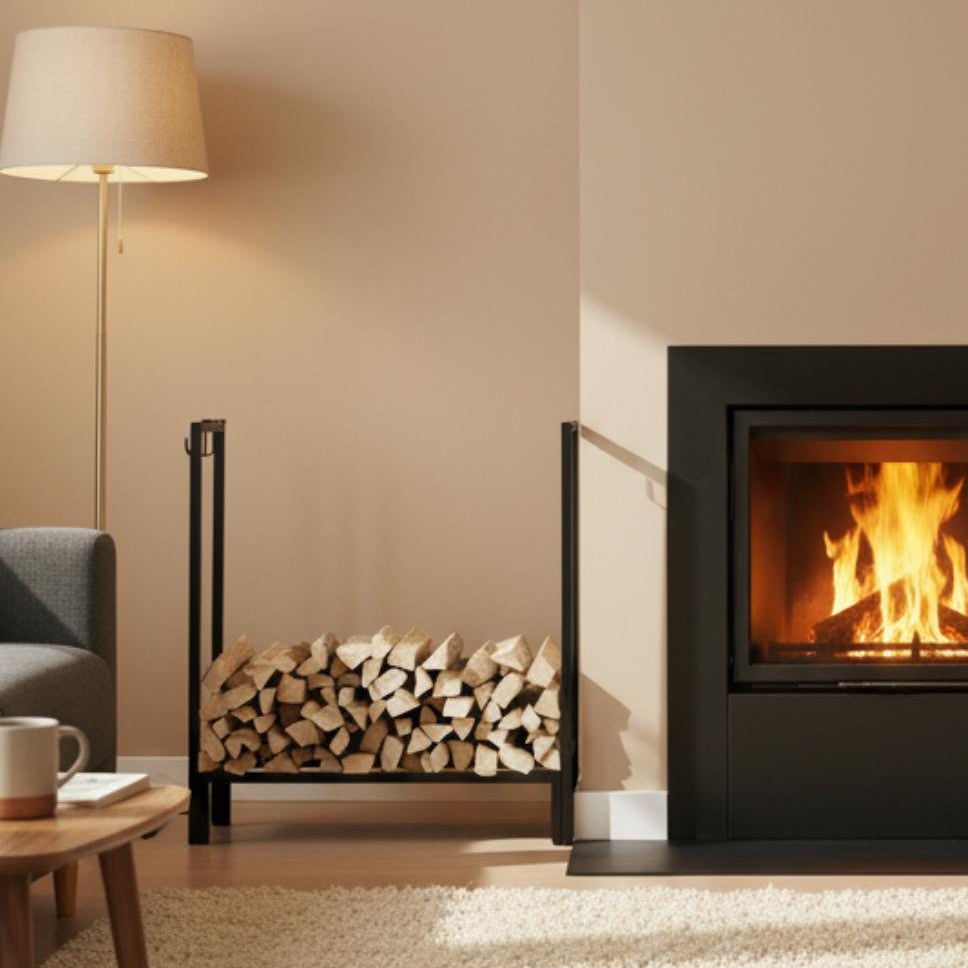 Rectangular firewood holder made of metal for organized indoor log storage near fireplace