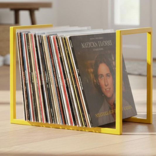 Red metal vinyl record storage rack for LP collection