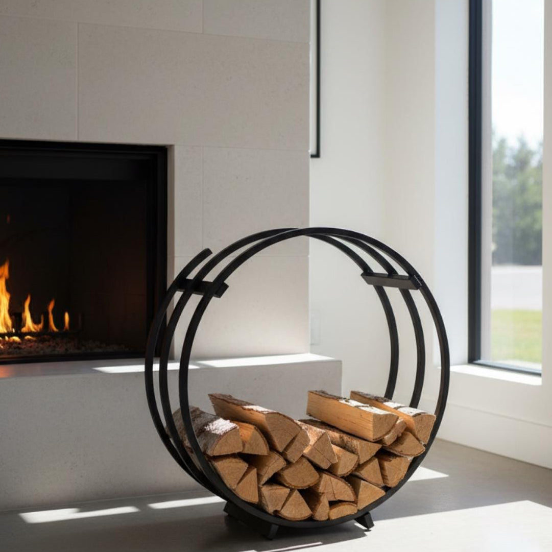 Round firewood rack modern circular log holder placed near fireplace with stacked wood