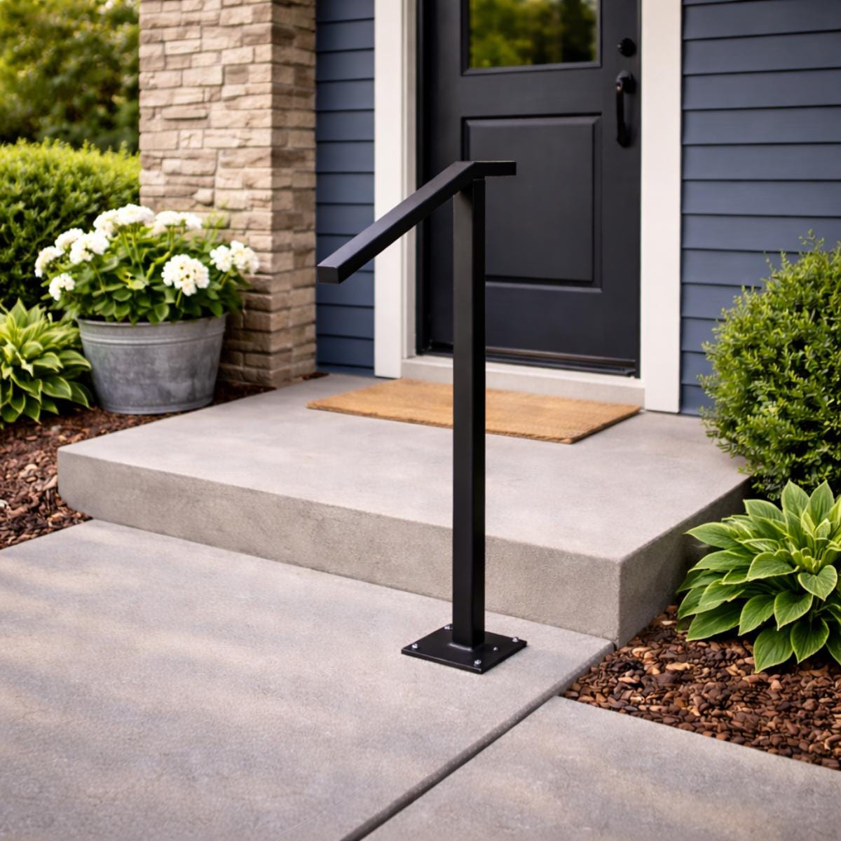 Single post handrail black metal outdoor steps support