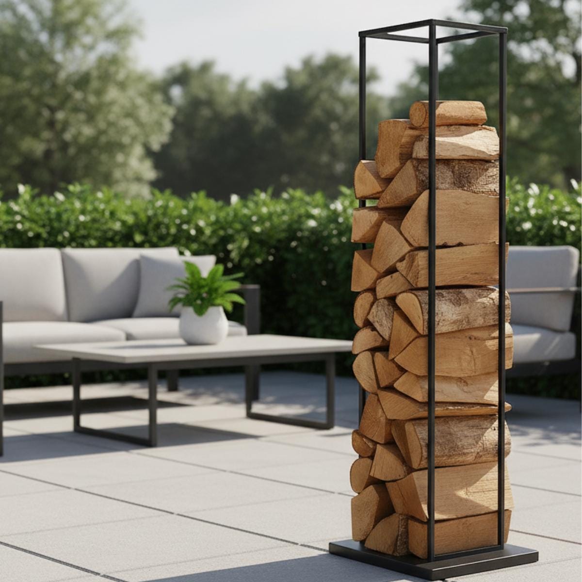 Tall vertical firewood rack black metal indoor log holder, modern space saving firewood storage for living room, freestanding steel log rack for fireplace wood organization
