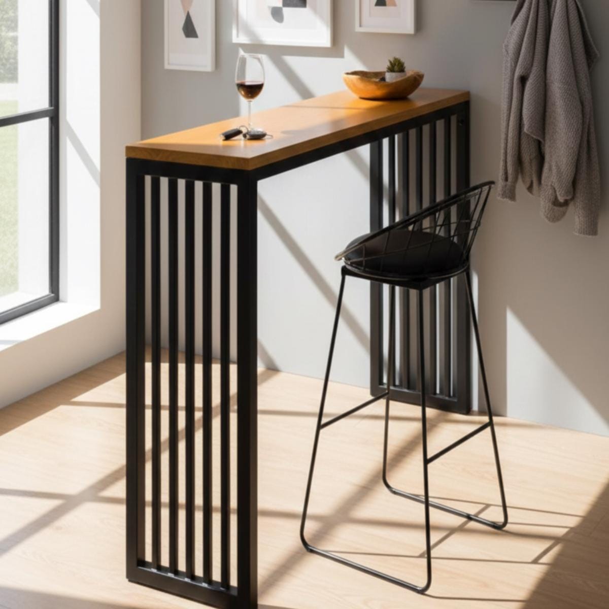 Small space bar table used as modern kitchen island for compact interiors