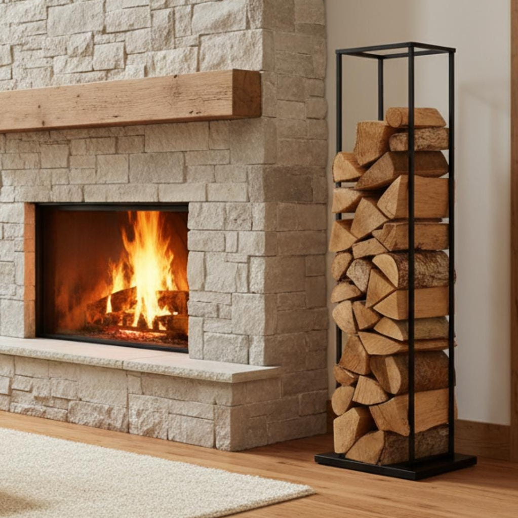 Tall vertical firewood rack black metal indoor log holder, modern space saving firewood storage for living room, freestanding steel log rack for fireplace wood organization