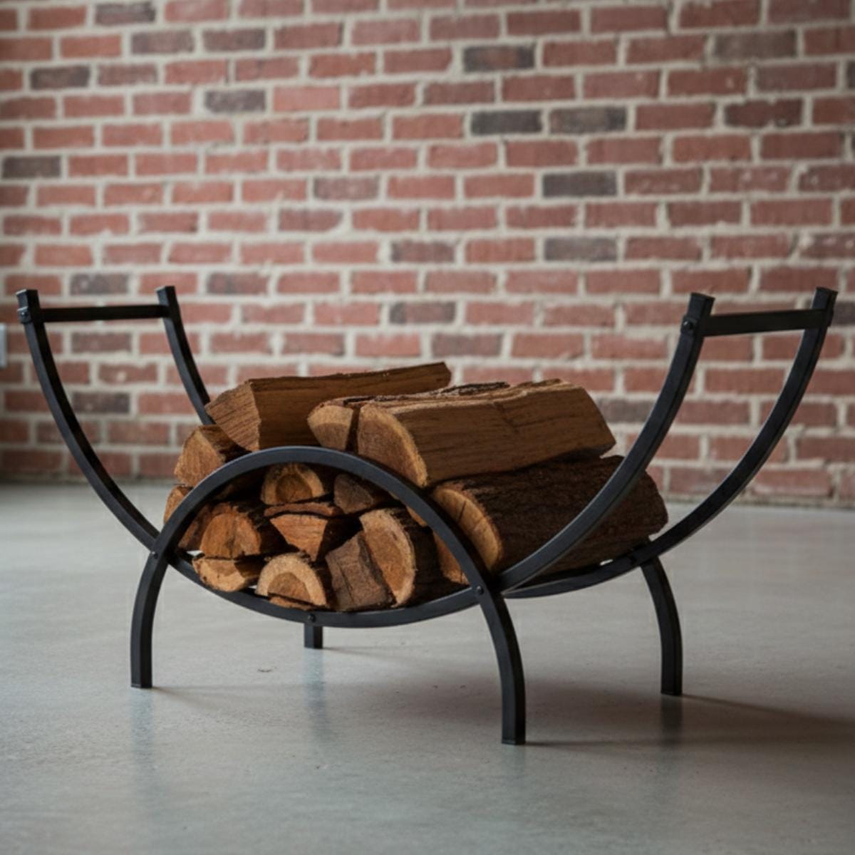 Stylish curved firewood rack metal log storage for contemporary homes