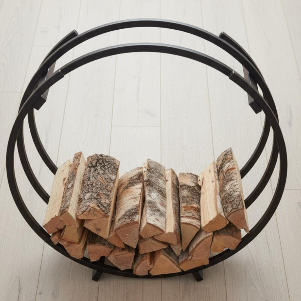 Stylish round firewood rack metal log storage for contemporary homes