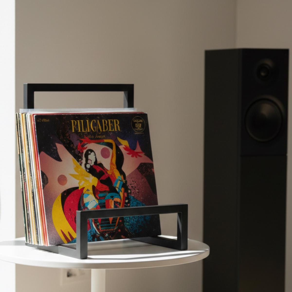 Tabletop vinyl record display rack metal album holder in clean interior setup