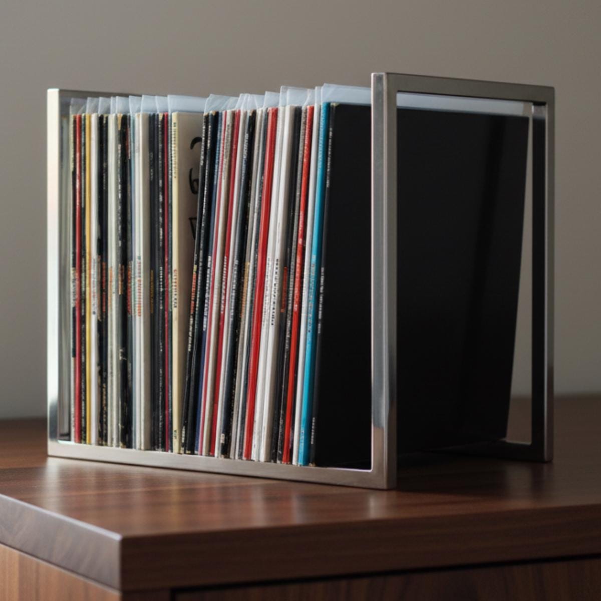 Tabletop vinyl record holder red metal LP storage rack