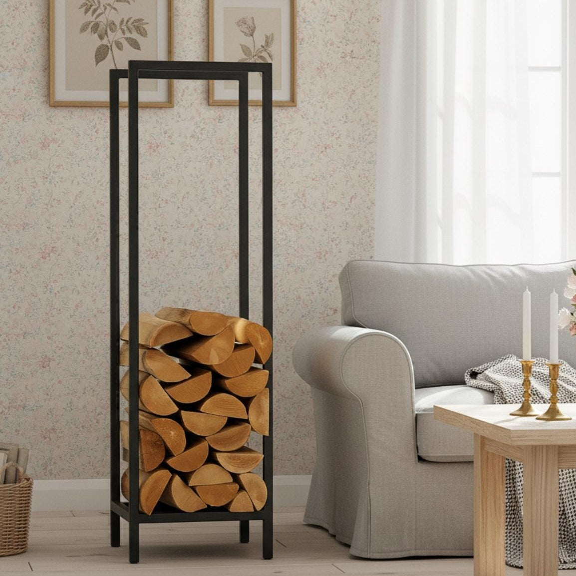 Fireplace side firewood rack vertical black metal log holder, modern indoor firewood storage for living room, freestanding steel log rack for fireplace wood organization