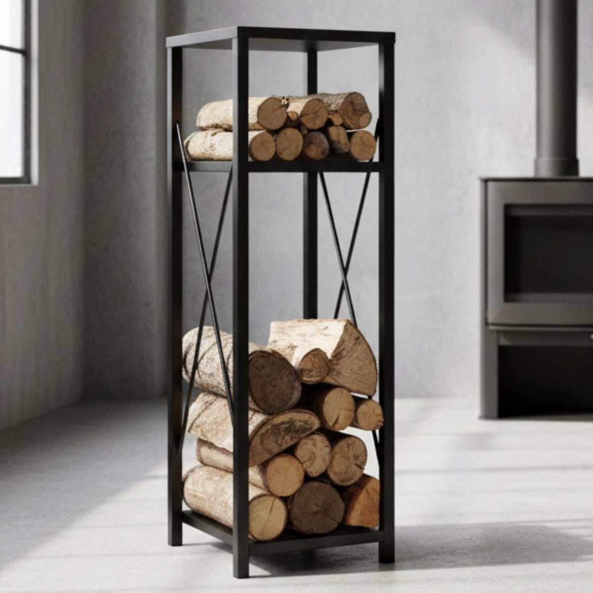 Tall firewood holder black metal log storage for indoor fireplace