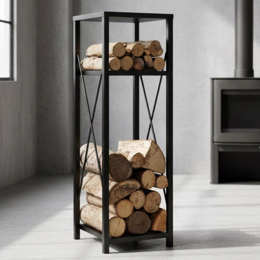 Tall firewood holder black metal log storage for indoor fireplace