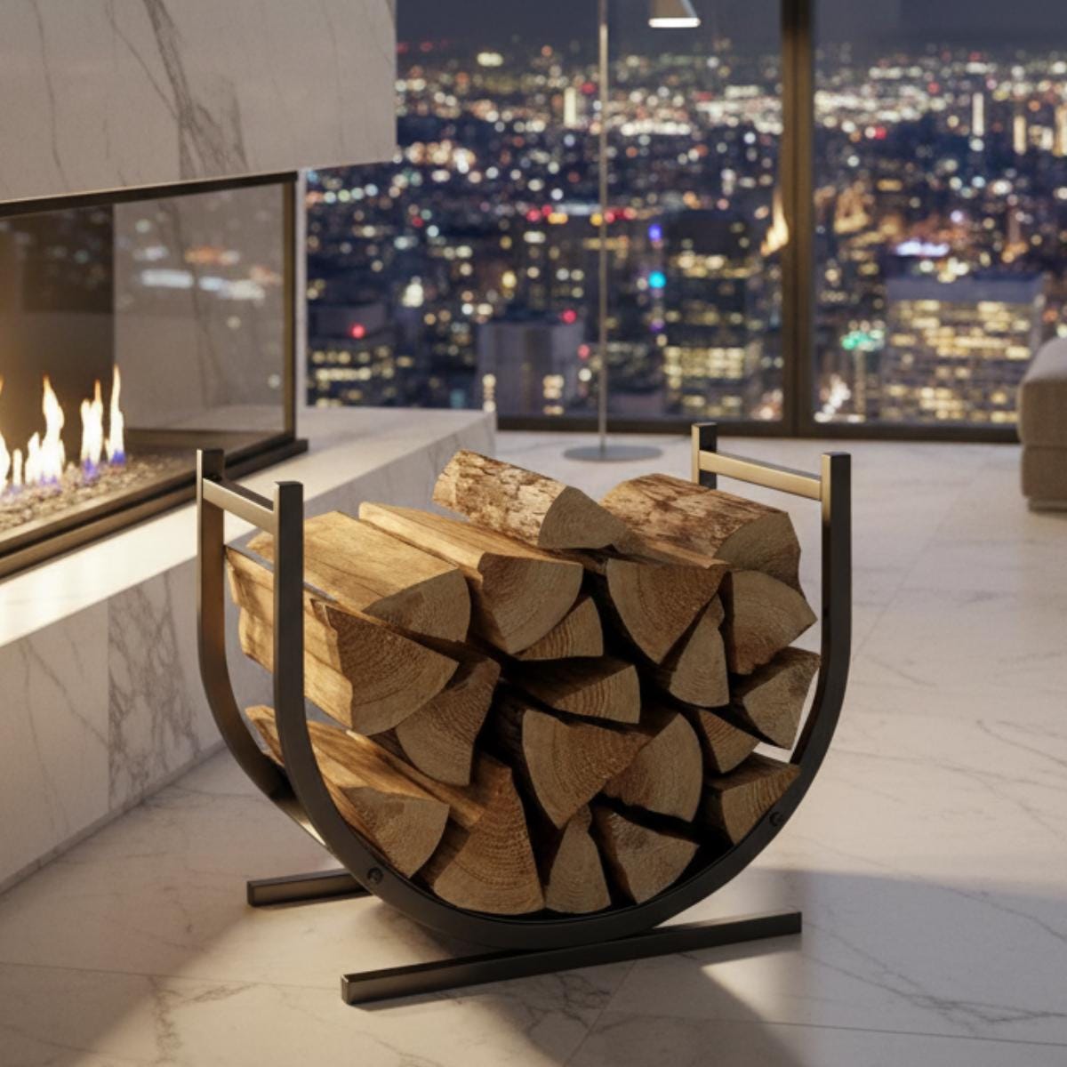 Tall firewood holder metal rack used for indoor log storage near fireplace