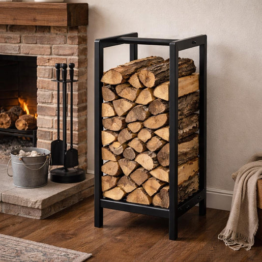 Tall firewood rack black metal log holder for fireplace