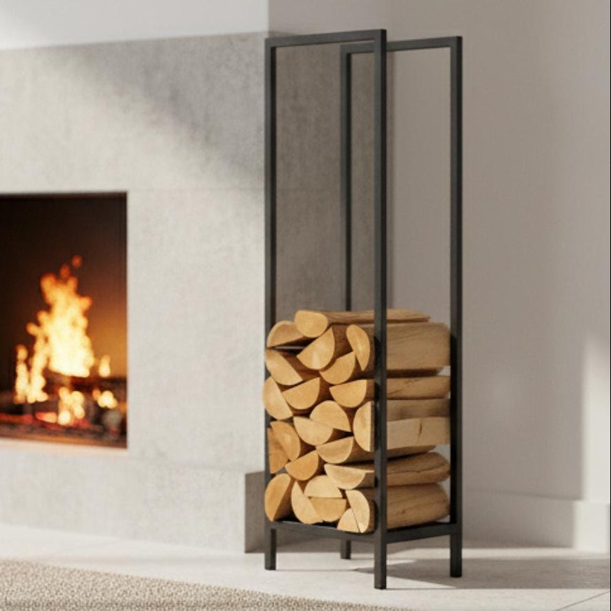 Fireplace side firewood rack vertical black metal log holder, modern indoor firewood storage for living room, freestanding steel log rack for fireplace wood organization