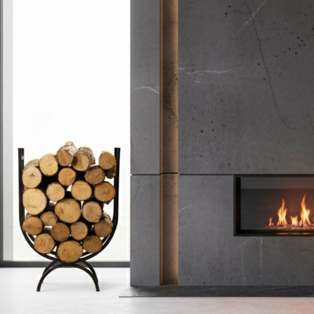 frame-modern-home
Tall firewood storage rack with metal frame for modern home interior