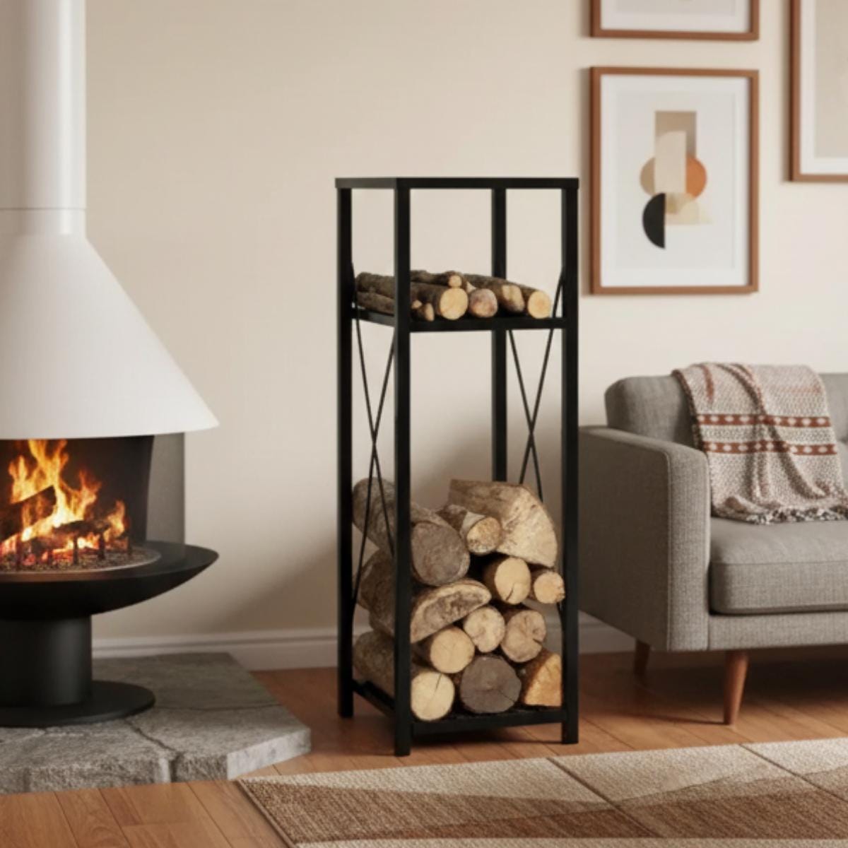 Tall log holder firewood rack black metal indoor fireplace use