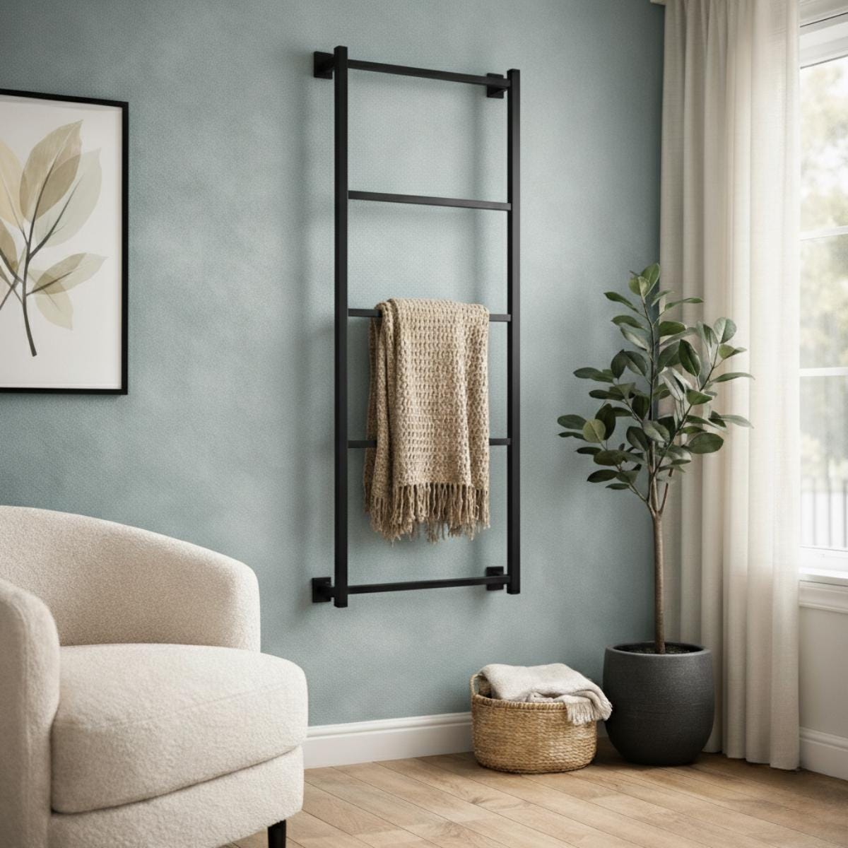 Towel holder ladder black metal wall mounted rack