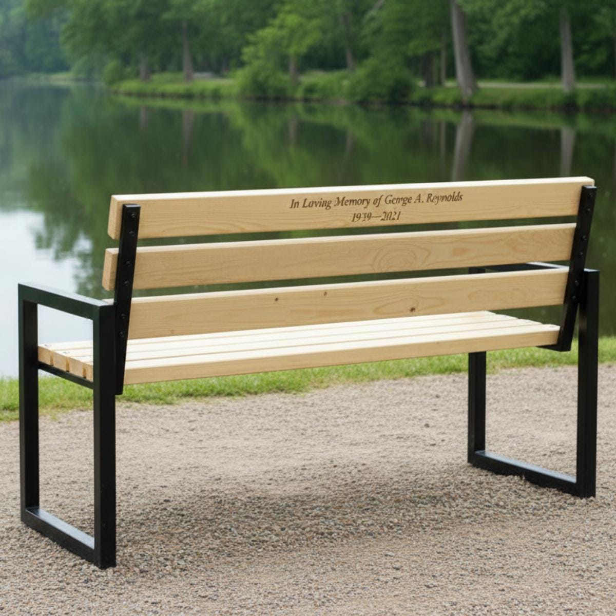 Tribute bench engraved wood metal outdoor seating in landscaped garden setting