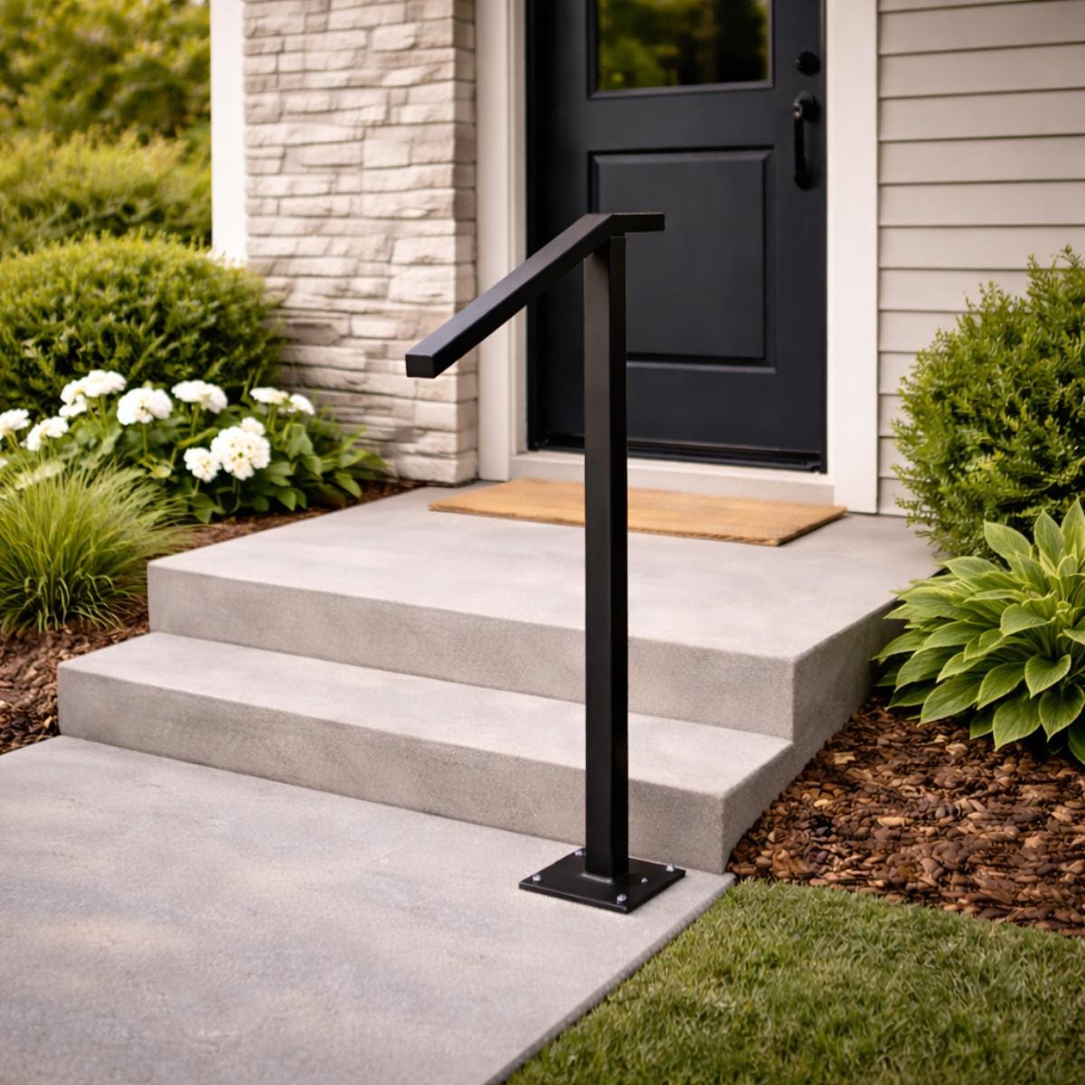 Outdoor step handrail black metal single post for entry stairs