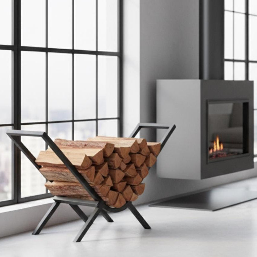 V shaped firewood rack black metal indoor log storage