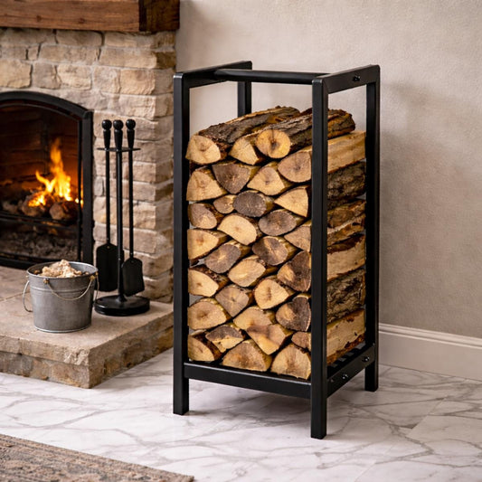 Vertical firewood rack black metal indoor log storage
