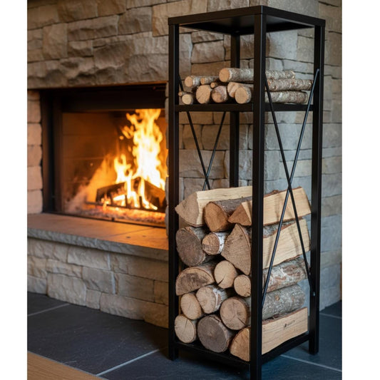 Vertical firewood rack black metal log holder tall indoor wood storage