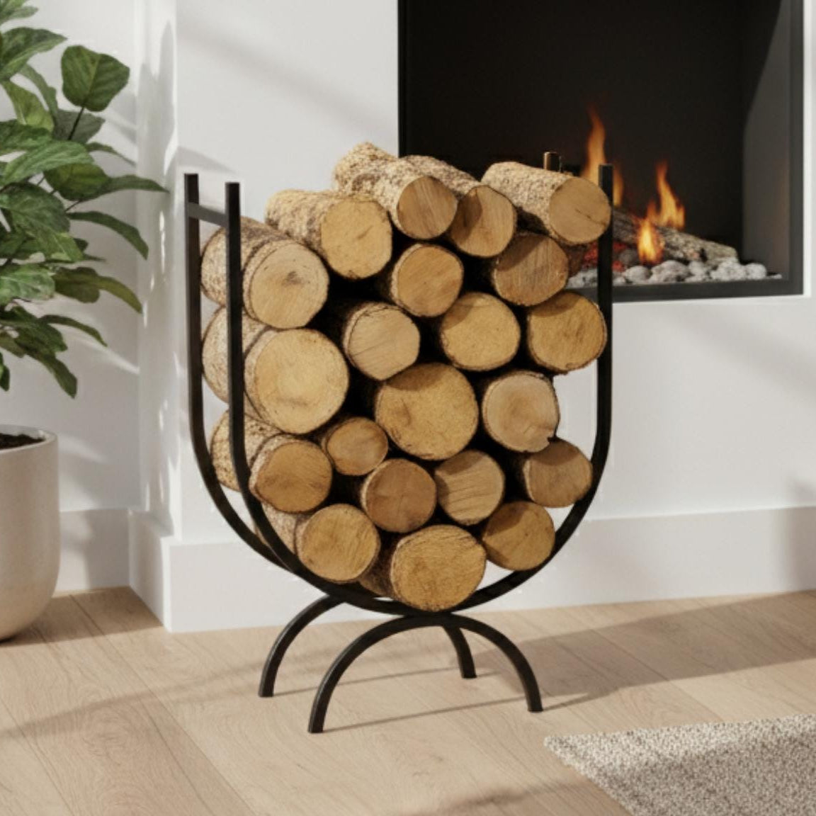 Vertical firewood rack indoor log holder placed near modern fireplace with stacked wood