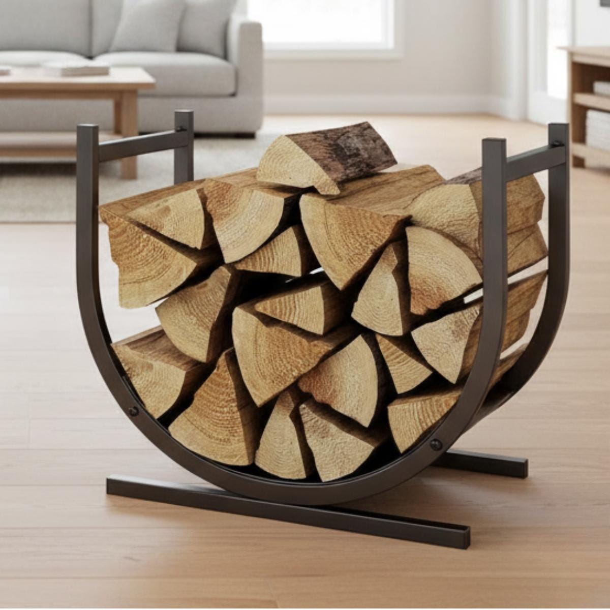 Fireplace firewood rack tall vertical metal holder with neatly stacked logs in modern interior