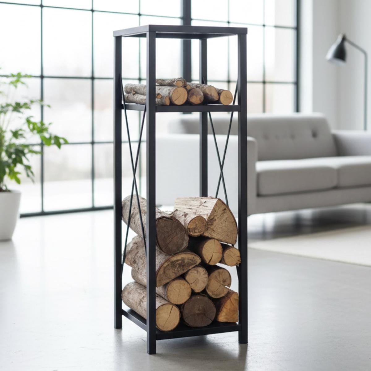 Vertical firewood storage rack metal log holder for indoor use
