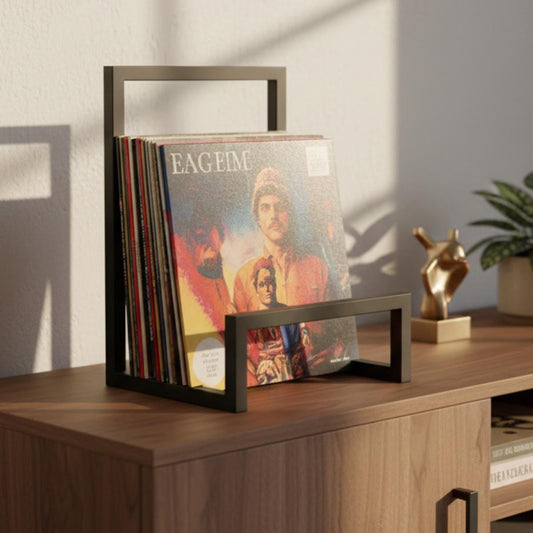 Vinyl record display holder metal LP stand showcasing album cover in modern home setting
