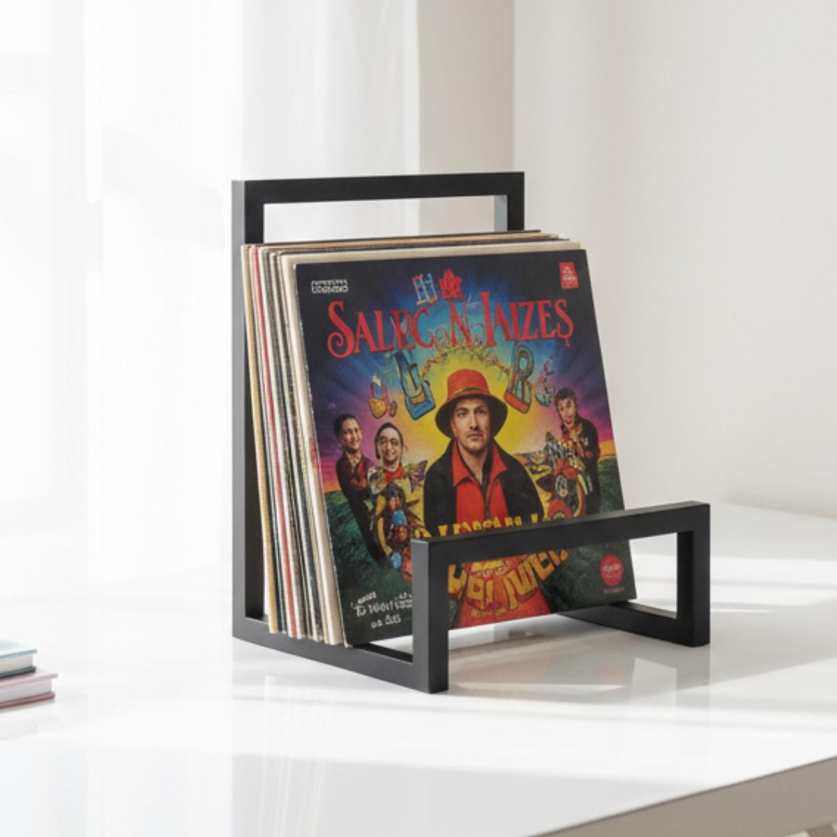stand-tabletop-metal-rack
Vinyl record holder display stand placed on tabletop with albums facing forward