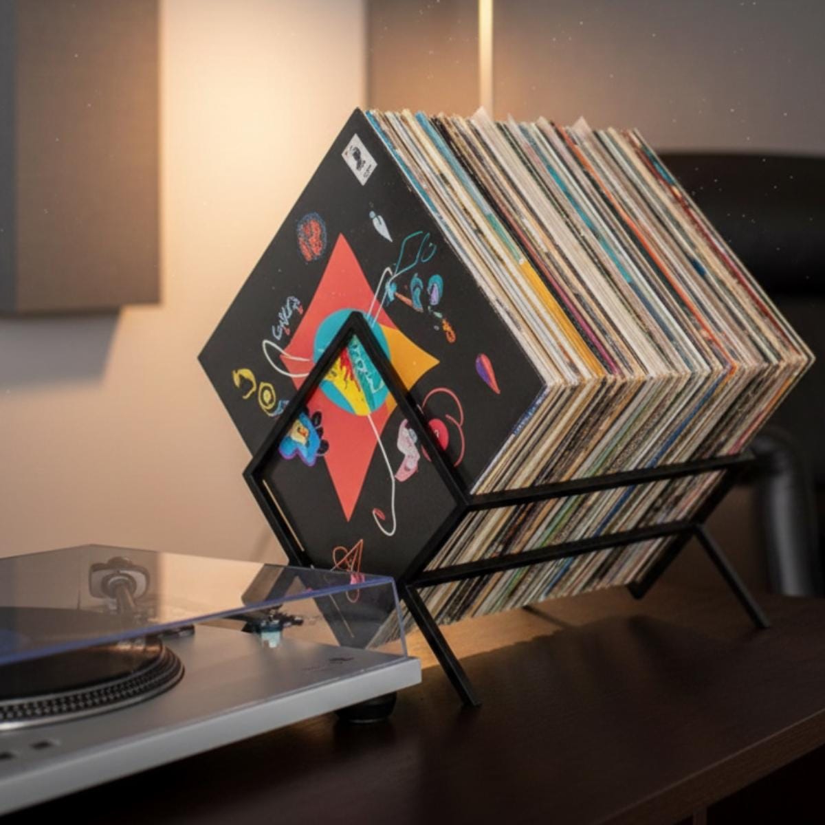 Vinyl record holder tabletop metal LP organizer placed beside turntable