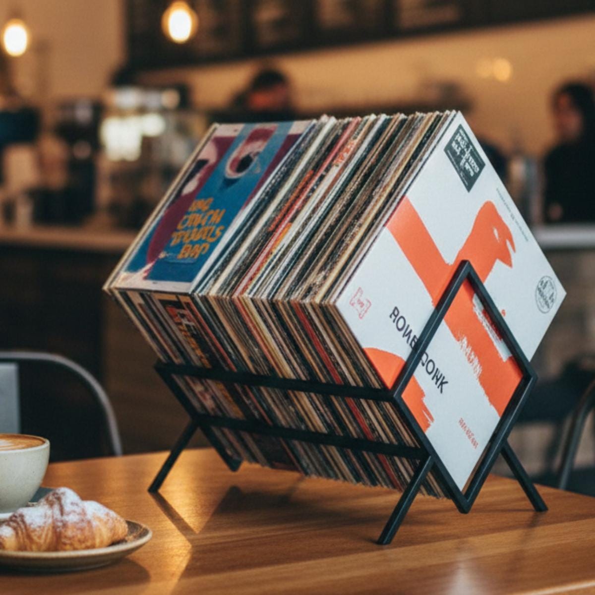 Vinyl record organizer metal rack used as modern home decor with records displayed