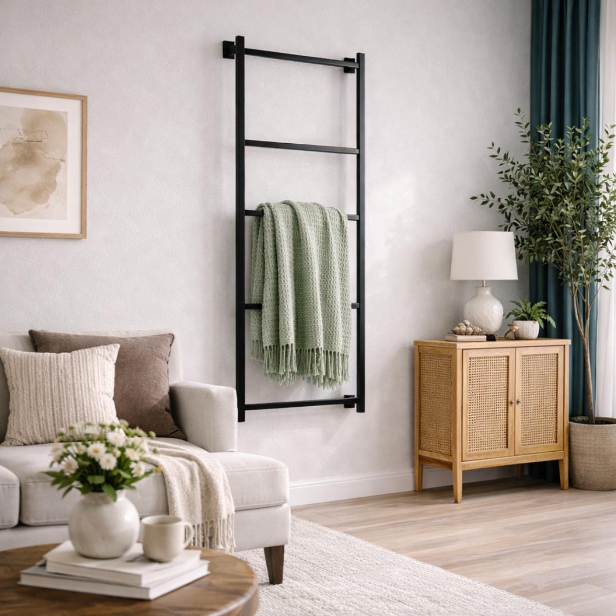 Wall mounted blanket ladder black metal for living room