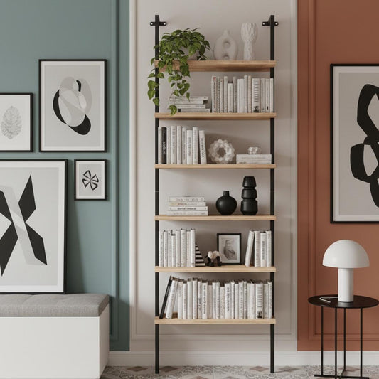 Wall mounted bookshelf wood metal ladder shelf modern shelving unit