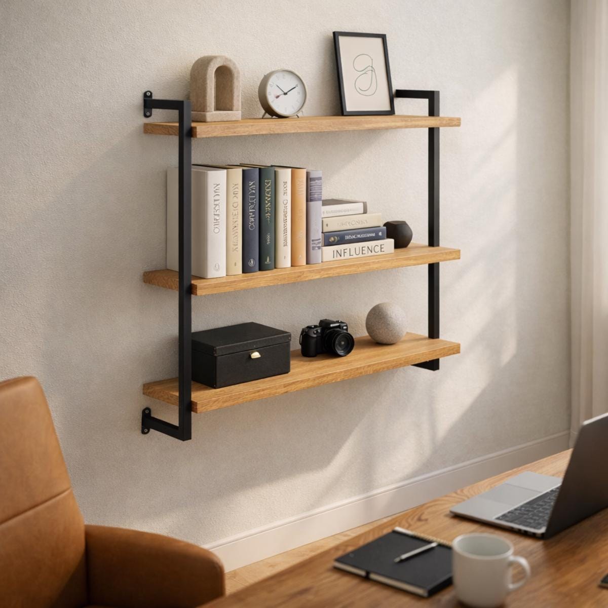 Wall mounted display shelf wood metal 3 tier shelving unit